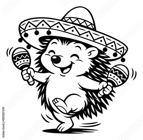 Hand drawn line art illustration of a hedgehog depicting joyfully dancing with maracas and a sombrero for a Mexican fiesta