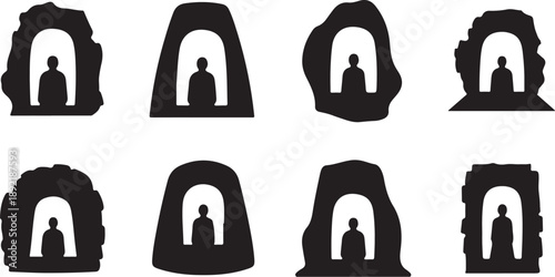 Silhouette of a person standing in various cave entrances