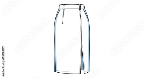 A minimalist fashion illustration of a high-waisted pencil skirt with a front slit, presented as a technical flat sketch.