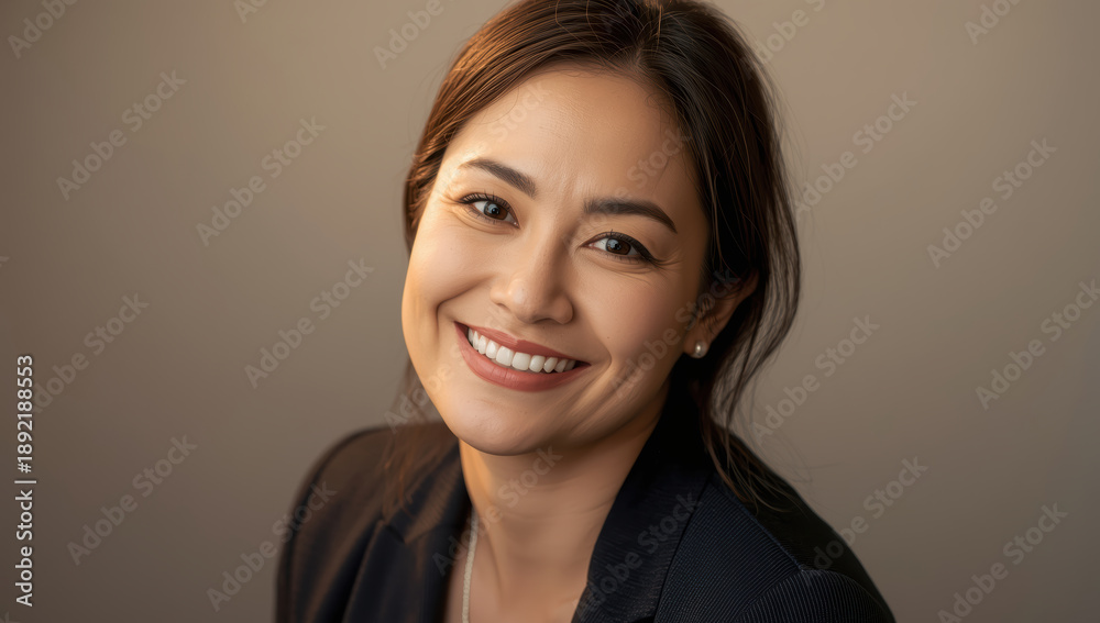 Fototapeta premium Friendly professional woman portrait with warm smile and soft lighting
