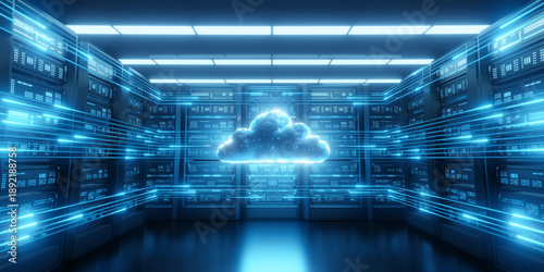 Plakat Cloud Computing Data Center with Digital Network Lines