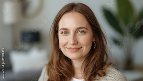 Free Download Warm smiling woman portrait with soft indoor background - GFXLoad