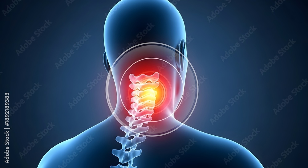 Naklejka premium Acute neck pain and spinal cord inflammation. Healthcare and neurological symptoms. Close up of human vertebrae with a glowing red target area showing chronic cervical stiffness