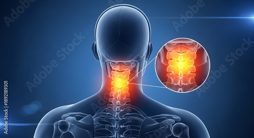 Cervical spine injury and neck bone inflammation. Medical science and orthopedic health. Detailed view of the neck vertebrae with a zoom lens showing severe joint pain and stiffness