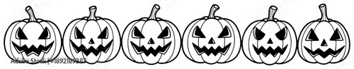 Row of spooky Halloween pumpkins with scary faces in sketch style