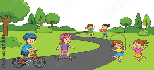 Cute cartoon children playing outdoor games in green park, biking skateboarding jumping rope and ball play, happy active childhood illustration scene for kids