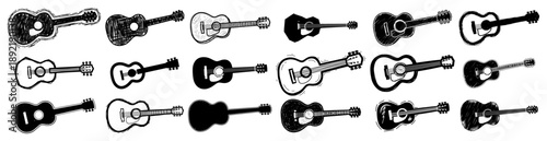 Large collection of acoustic guitar silhouettes and hand drawn musical instrument icons