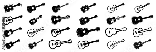 Diverse set of acoustic guitar icons and sketched string instrument symbols for music design