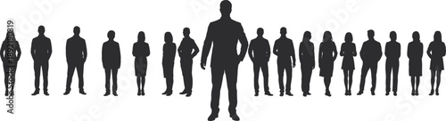 Silhouette group of business professionals with leader standing in front, symbolizing leadership, teamwork, corporate organization, unity and modern workplace collaboration concept illustration