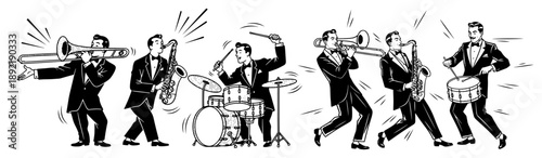 Retro jazz band musicians playing musical instruments in vintage comic style