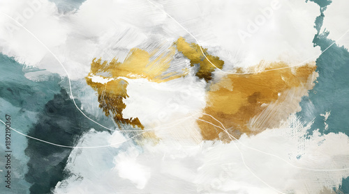 Abstract teal and gold brush strokes on white canvas art background.