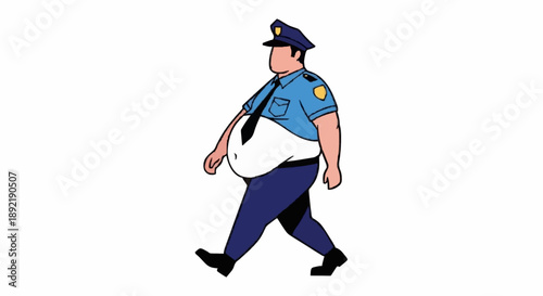 Overweight police officer walking confidently in uniform.