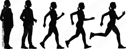 Silhouette progression of woman standing, walking, jogging and running, illustrating movement, fitness training, exercise evolution and active lifestyle health concept in sports illustration scene