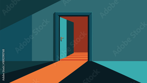 Minimalist Flat Vector Illustration of Open Door with Deep Teal Wall and Sharp Geometric Shadows.eps