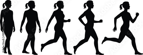 Silhouette sequence of woman standing, jogging and running, illustrating movement progression, fitness training, exercise evolution and active healthy lifestyle sports concept in illustration form