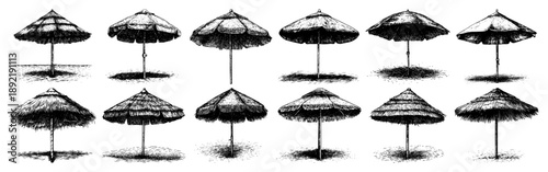 Collection of vintage hand drawn beach straw umbrellas in etching style