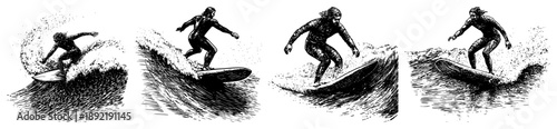 Set of vintage hand drawn engravings of surfers riding ocean waves