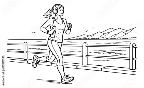 Line art illustration of a woman depicting running with headphones and a water bottle along a scenic waterfront for fitness and healthy living