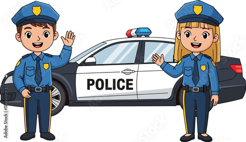 Cute cartoon police officers boy and girl standing with patrol car, friendly law enforcement characters illustration for kids, safety education, community service, cartoon design