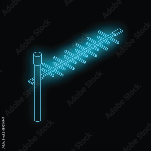 Glowing log periodic dipole antenna receiving electromagnetic waves, in isometric view on black background