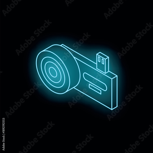 Futuristic neon blue usb flash drive ensuring data security with integrated fingerprint scanner, visualized in isometric perspective