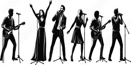 Collection, of, black, silhouettes, featuring, male, and, female, singers, vocalists, and, guitarists, performing, for, live, music, concert, entertainment, and, events.