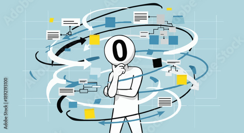 Person holding zero symbol surrounded by swirling data streams and flowcharts.