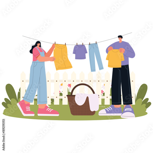 Spring Season Illustration. Vector illustration of Couple hanging clean clothes on a line in a sunny backyard garden with basket and spring plants. Isolated on background