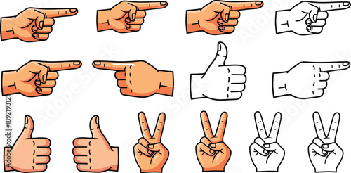 Cartoon hand gesture icon set with pointing, thumbs-up, and peace signs, vector illustration, editable design, isolated symbols