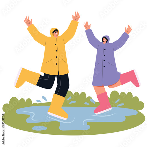 Spring Season Illustration. Vector illustration of Two people jumping in puddles wearing raincoats, capturing joy, freedom, and playful spring weather. Isolated on background