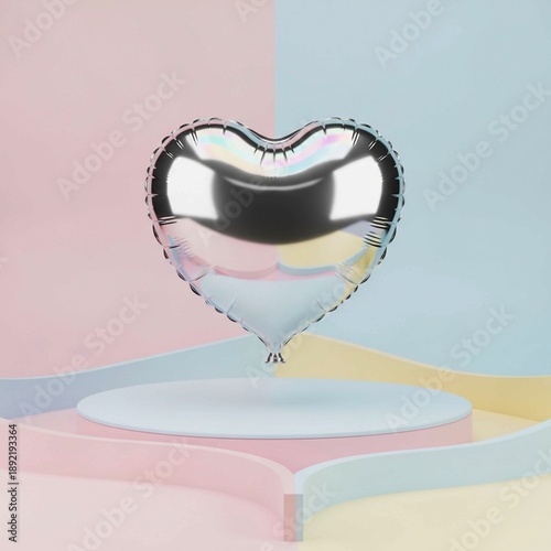 3d rendered illustration of a heart.Elegant Chrome Heart Balloon on Pastel Stage – Minimalist Romantic Pop Art Event Decor