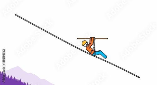 Person hanging from a tightrope wire with a white background.