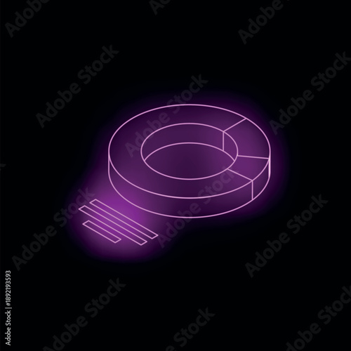 Neon purple pie chart representing market share, financial data analysis, and business performance on a dark background