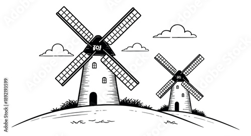 Hand drawn line art windmill set featuring two windmills on hills with clouds for rural landscape design