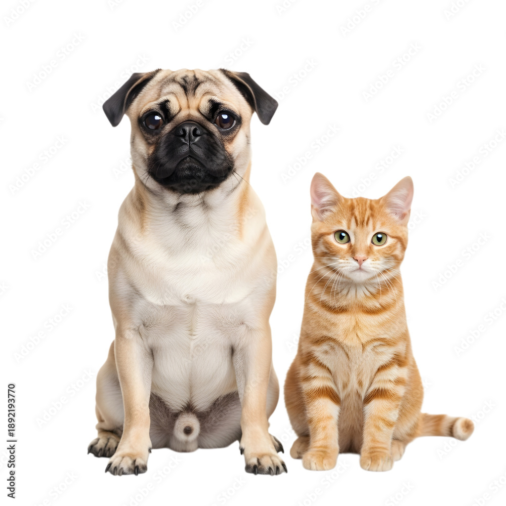 Fototapeta premium A cute pug dog and an orange tabby cat sitting side-by-side on transparent background