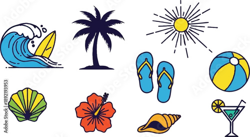 Summer beach vacation icon set. Tropical holiday travel elements. Vector cartoon cocktail drink, sun hat, palm tree on island, lounge chair at sunset ocean 