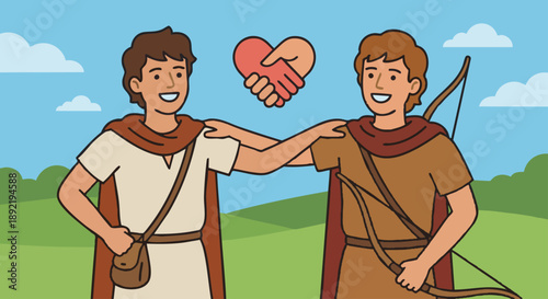David and Jonathan
Cartoon style flat vector illustration of David and Jonathan, depicting the two friends standing together with arms around each other’s shoulders, symbols of friendship. Bible
