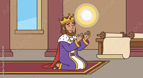 Solomon Asks for Wisdom
Cartoon style flat vector illustration of Solomon asking for wisdom, showing Solomon kneeling or praying with hands raised, gentle smile and thoughtful expression. Bible