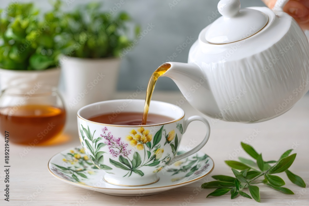 Fototapeta premium Pouring hot tea into a floral teacup