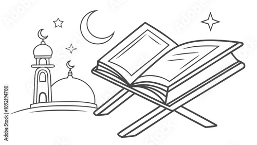 Open book vactor and behind a mosque