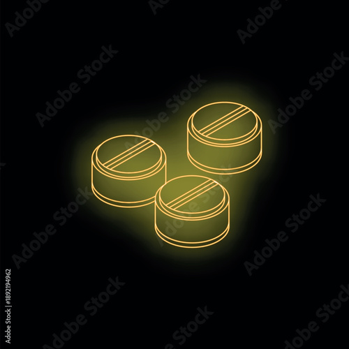 Neon yellow pills glowing on a dark background representing pharmaceuticals, healthcare, and medicine