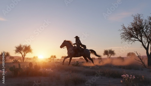 A silhouetted rider on horseback gallops across a desert landscape at sunset
