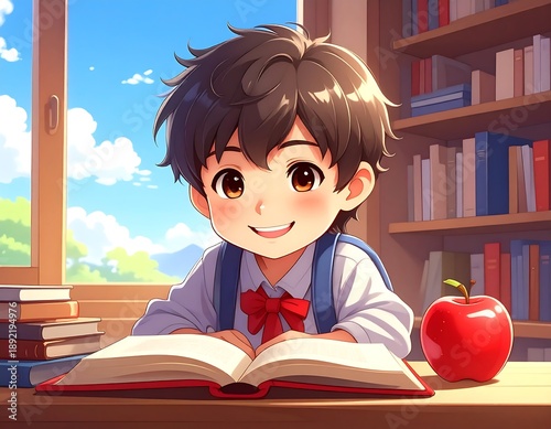 A young boy reads a book by the window with an apple
