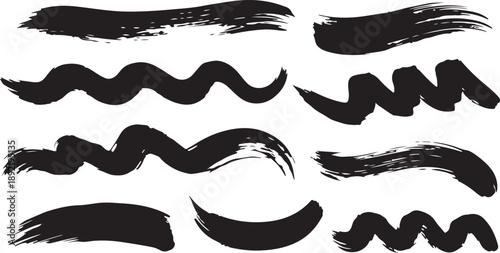 Hand drawn abstract wavy lines and swirl brush strokes vector set on transparent background