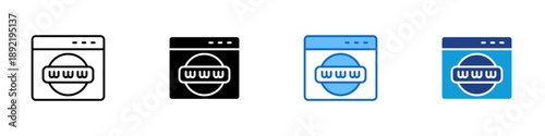 Website Multiple Style Icon Design Vector - Browser window with globe and URL, representing online presence, web access, and digital platform