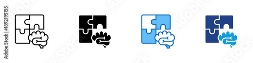 Cognitive Process Multiple Style Icon Design Vector - Puzzle blocks with brain symbol, representing problem solving, cognition, and mental processing
