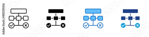 Decision Flow Multiple Style Icon Design Vector - Flowchart with check and cross symbols, representing decision making, process control, and evaluation