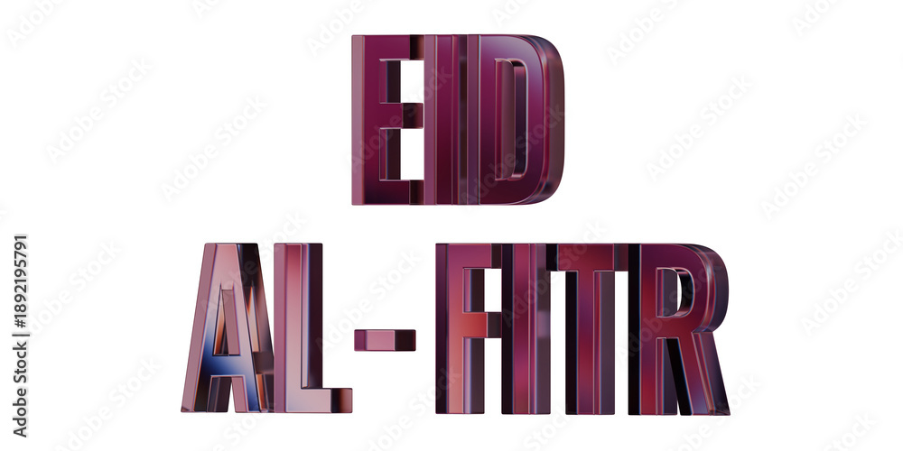 Fototapeta premium EID Al Fitr pink text 3d dispersion glass text render, islamic text typography isolated