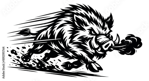 Bold graphic illustration of a wild boar depicting a powerful charge with speed and smoke for sports team mascots