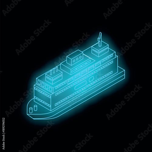 Isometric glowing neon blue ferry boat isolated on a black background, concept of sea transportation